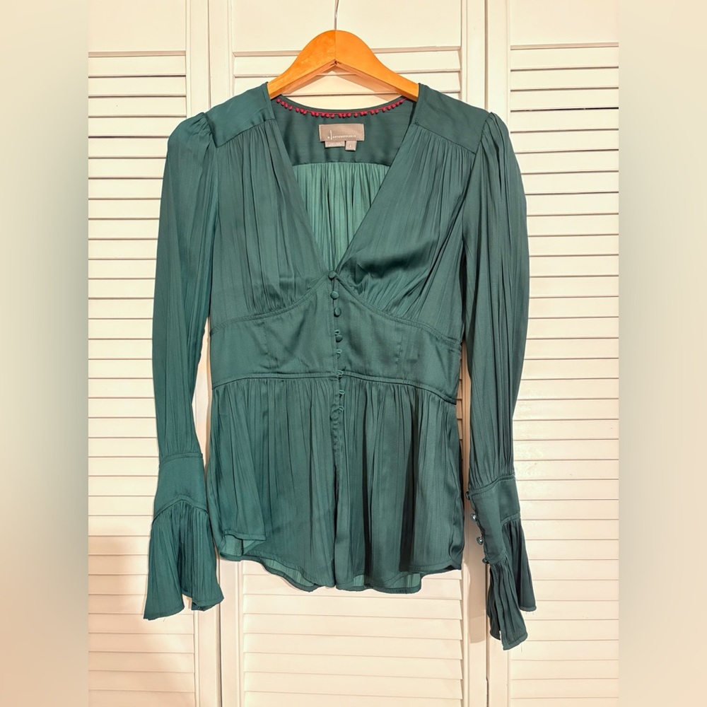 Anthropologie Satiny Deep-V Tunic Blouse